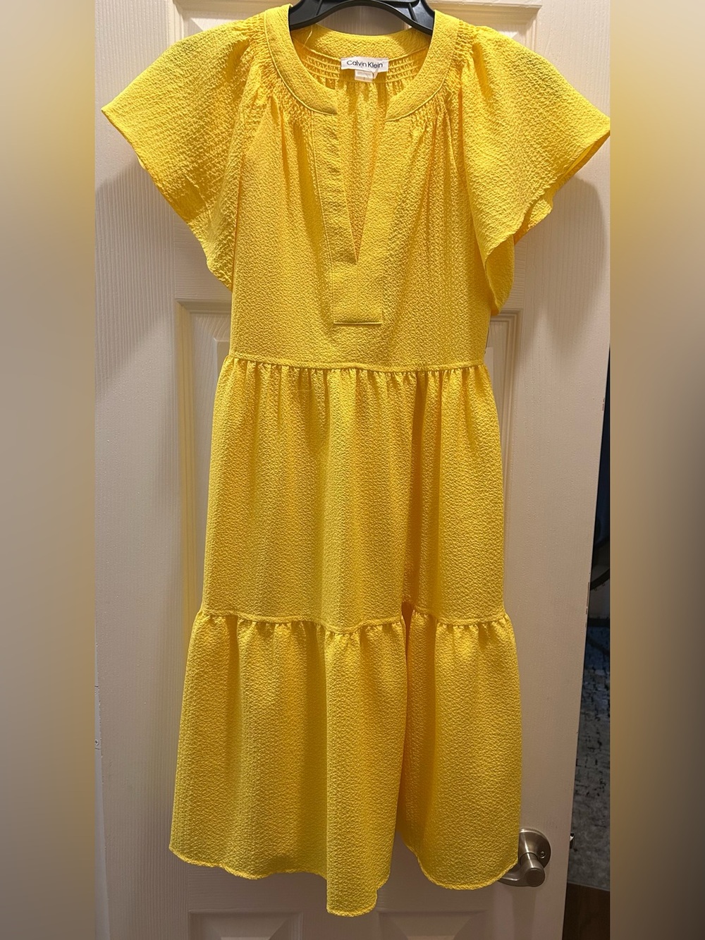 Calvin Klein Yellow Tiered Midi Dress with Flutter Sleeves
